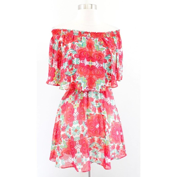Show Me Your Mumu Casita Off the Shoulder Floral Mini Dress Size XS Red Green - Picture 2 of 8